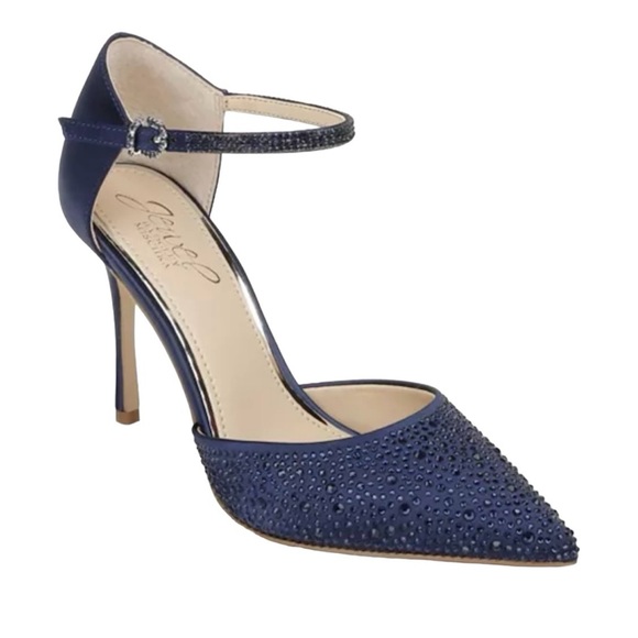 Jewel Badgley Mischka Satin Navy Blue Crystals Pointed Toe High-Heel Pump size 7 - Picture 1 of 6